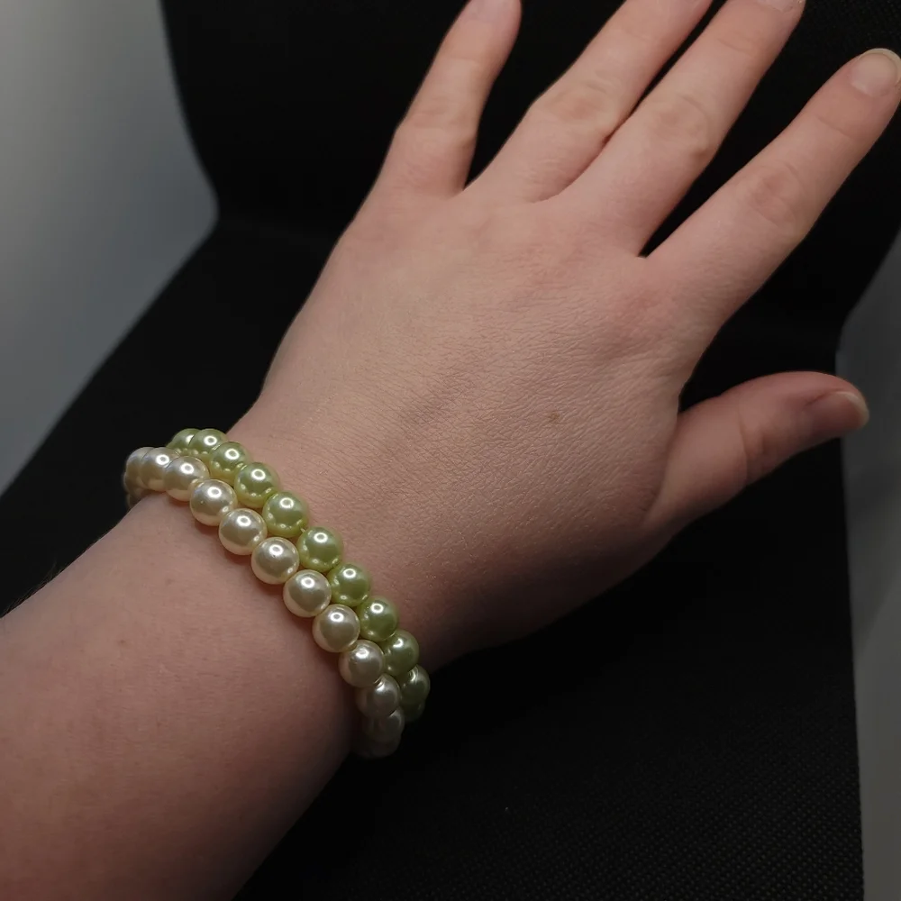 Faux Pearl Bracelets Cream and Green Pearlescent Beads Stretch